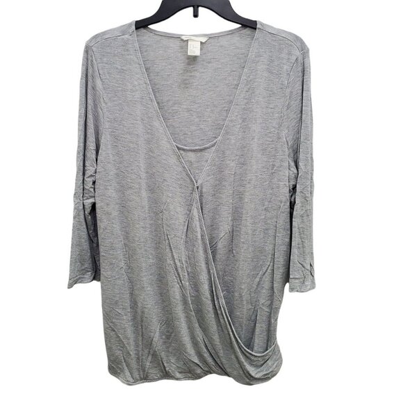 H&M Maternity Gray Deep V-neck Layered 3/4 Sleeve Wrap Nursing‎ Top Size XL - Picture 1 of 6